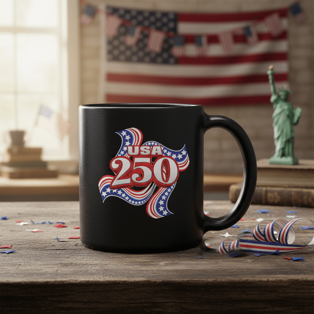 US Celebrates 250 Ceramic Mug – 15 oz - RIBBON - US Celebrates 250